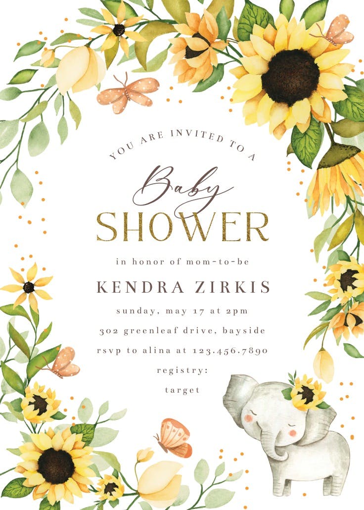Sunflowers and elephant - baby shower invitation