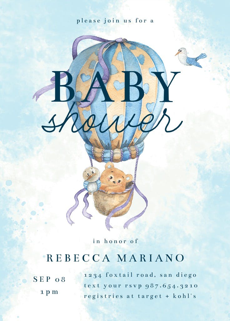 Teddy bear balloon - baby shower invitation