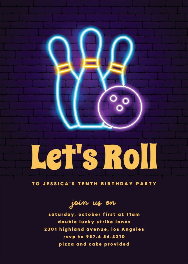 Neon bowling - sports & games invitation