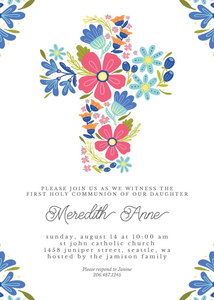 Floral cross - invitación de comunión