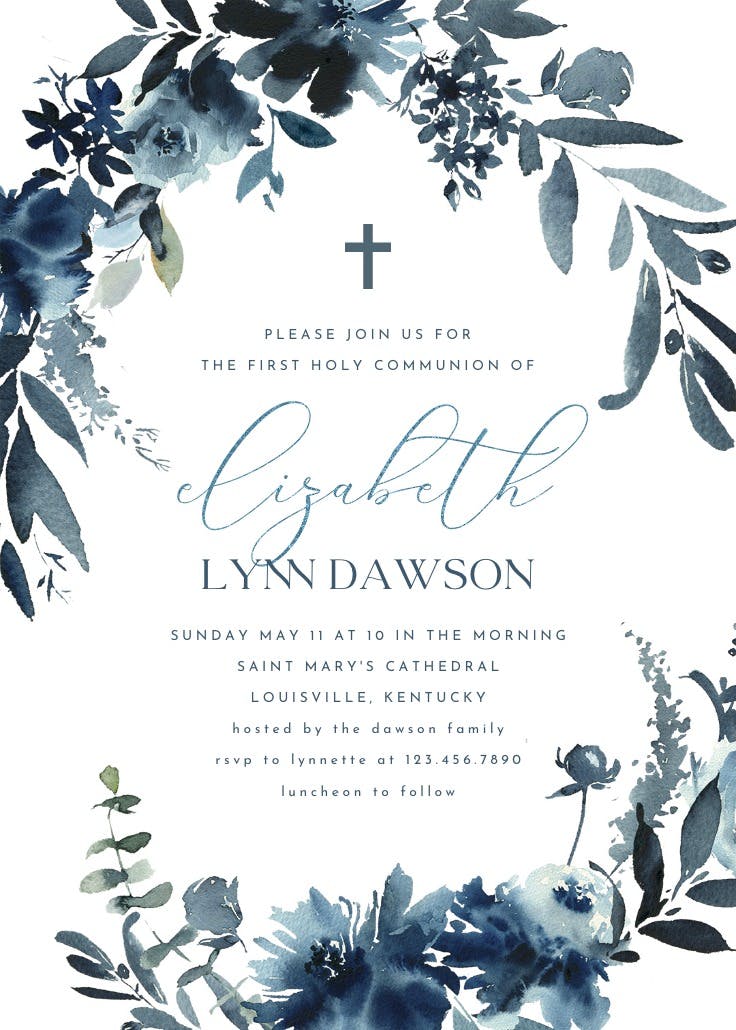Indigo flowers - first holy communion invitation