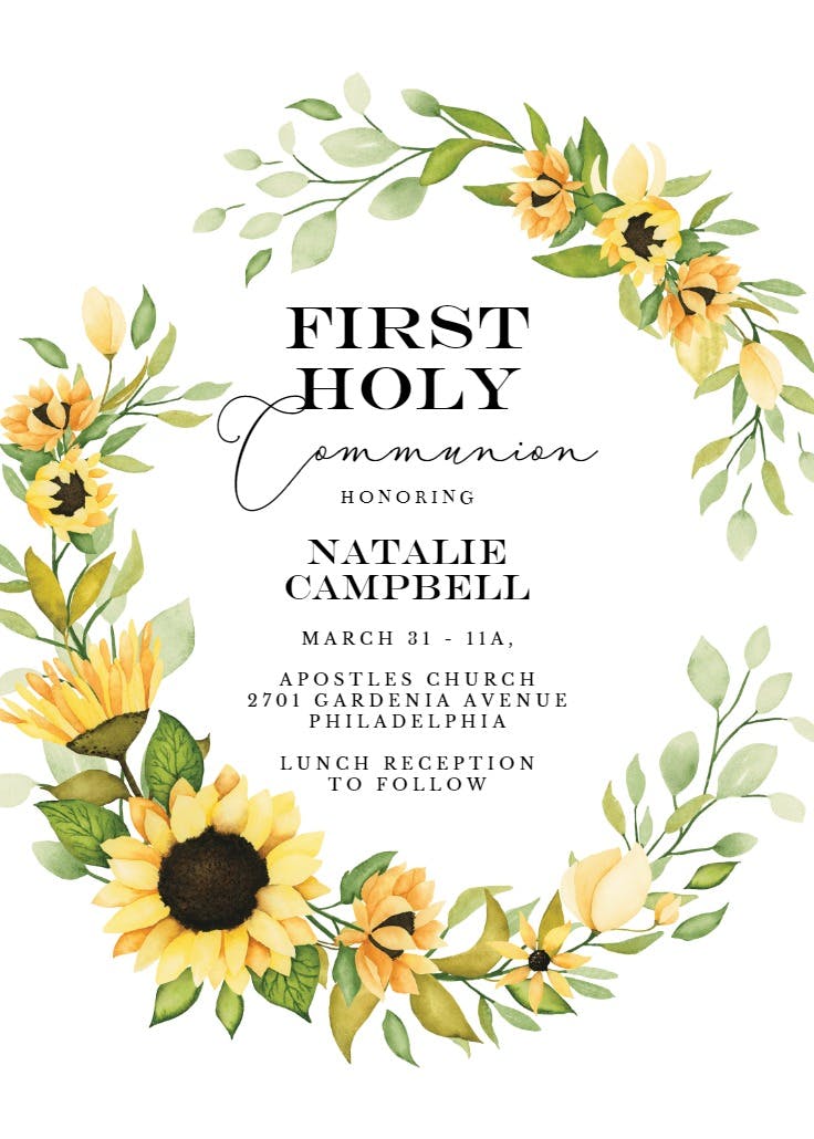 Sunflower open wreath - first holy communion invitation